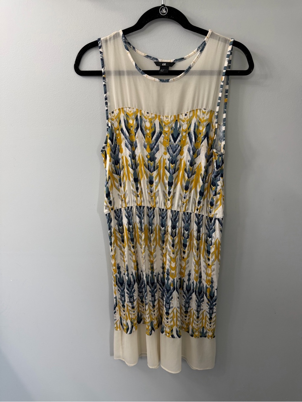H&M Cream Sheer Top Sleeveless Dress with Yellow & Blue Print Medium